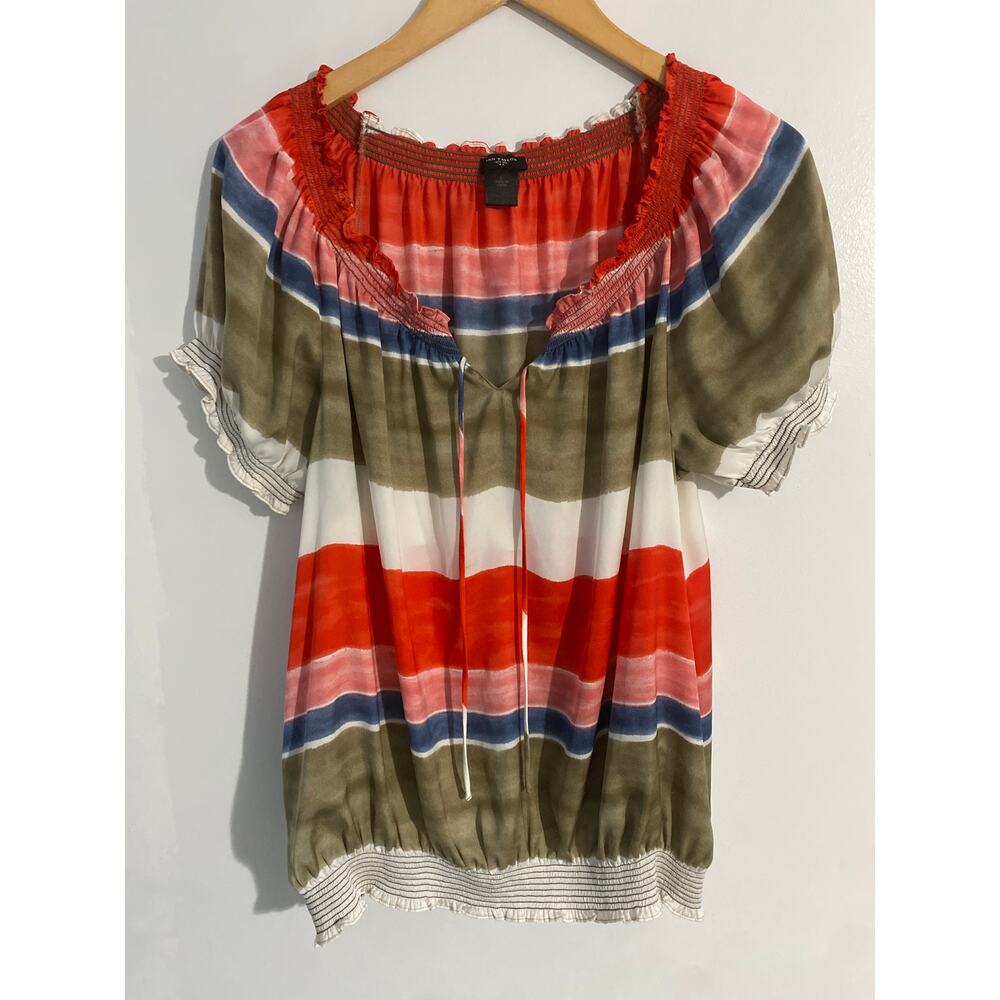 Ann Taylor smocked top women’s size L striped peasant boho beachy